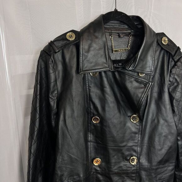 Iman black genuine leather jacket quilted gold button XL quiet luxury classic - Picture 5 of 10